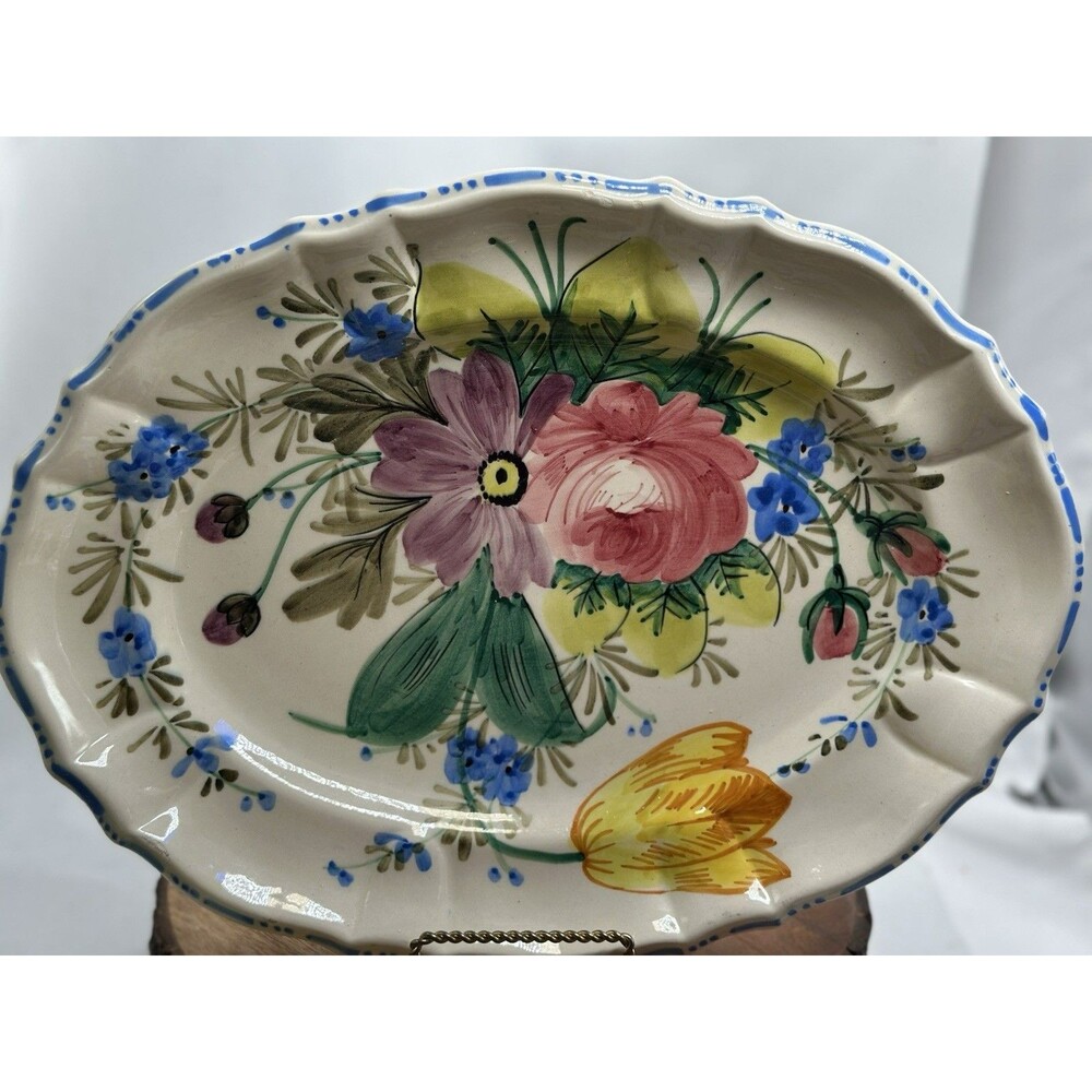 Italian Pottery Scalloped Platter Dish Handpainted Roses Floral Italy